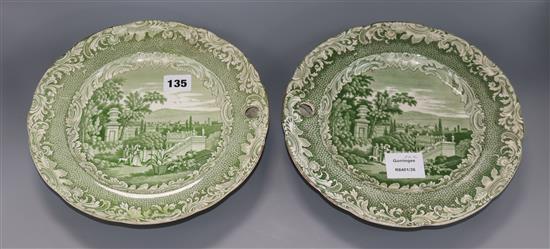 A pair of Copeland and Garrett Bologna pattern green printed hot water plates diameter 26cm